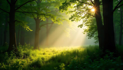 Obraz premium Sunlight streaming through a lush green forest 