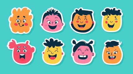 Cute Cartoon Faces Stickers: Happy and Joyful Expressions