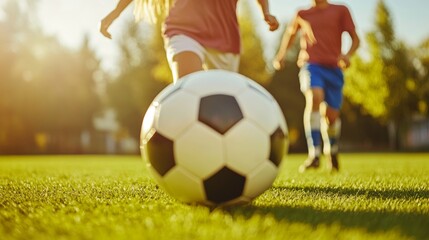 Fototapeta premium Soccer Ball on Green Grass Field with Kids in the Background