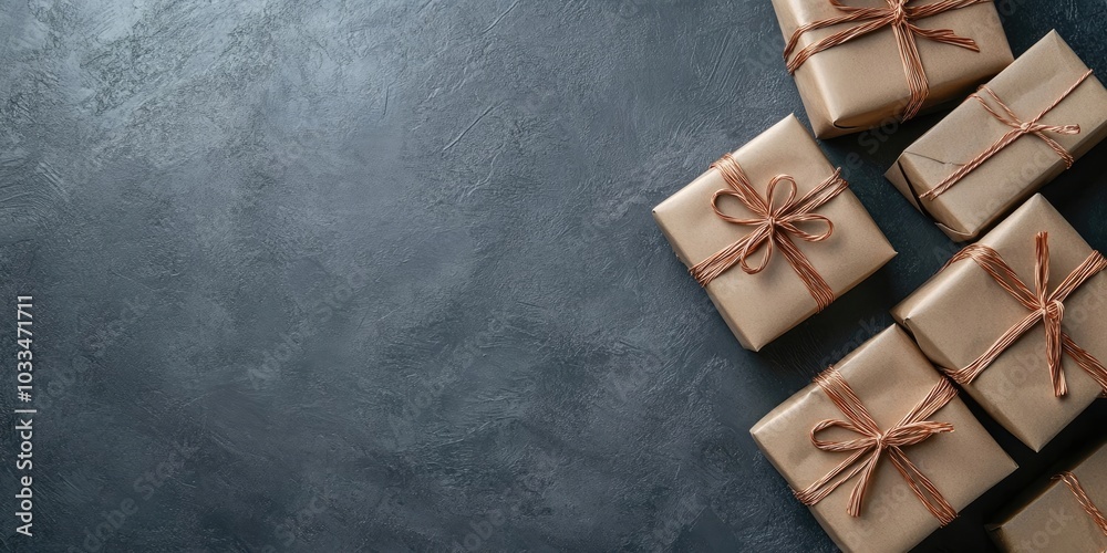 Poster a collection of wrapped boxes with gifts on a grey textured background. top view. gift concept. spac