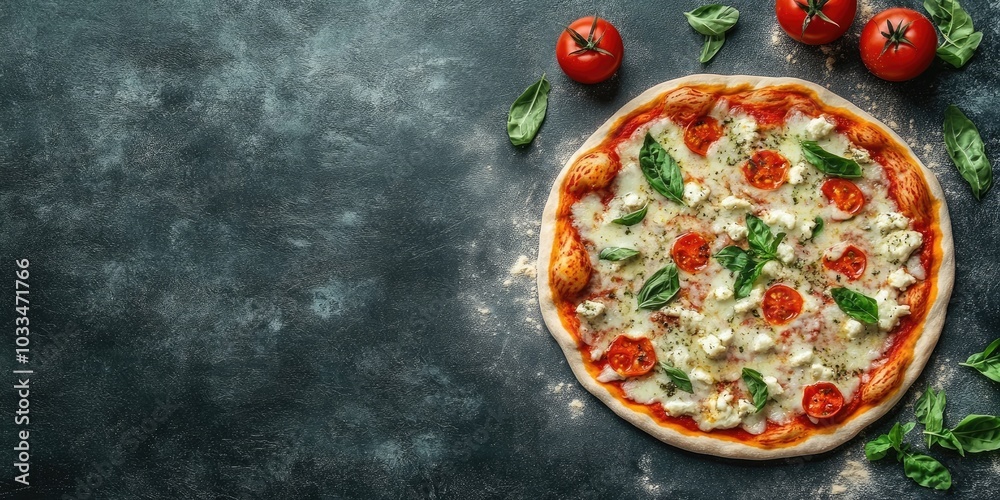 Poster top view of fresh pizza on a gray table