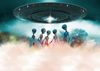 UFO and aliens, illustration