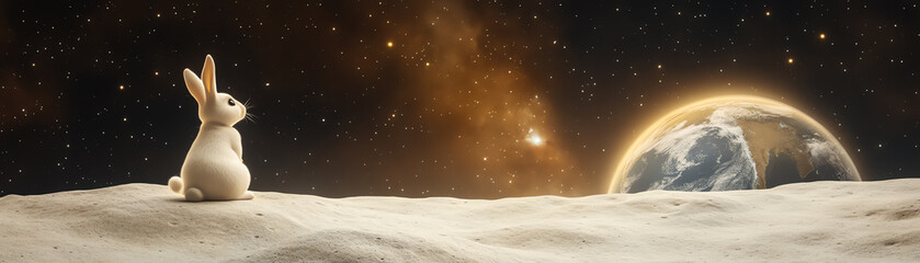 Naklejka premium White rabbit on the moon looking at Earth from space
