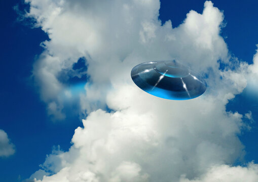 UFO in flight through clouds, illustration