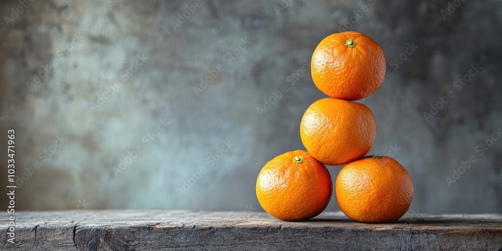 Poster a stack of ripe tangerines on a wooden surface with copy space.