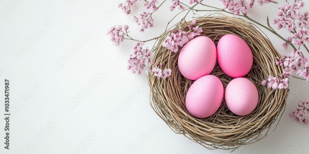 Poster easter arrangement featuring a wicker nest and pink eggs on a white background. top view, copy space