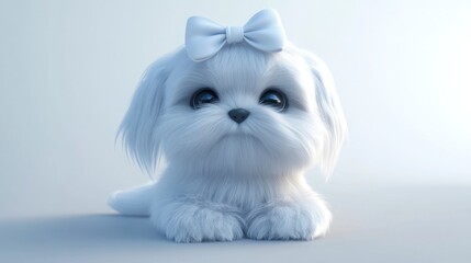 Obraz premium A fluffy white Maltese puppy with a white bow, lying on a light grey background, looking at the camera with big blue eyes.