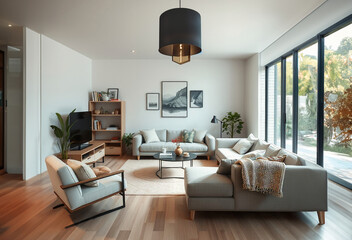 A realistic minimalist living room with sleek, modern furniture, natural sunlight, AI generative 