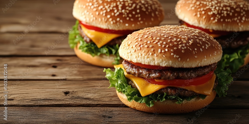 Poster cheeseburgers on a wooden table with copyspace captured in a studio.