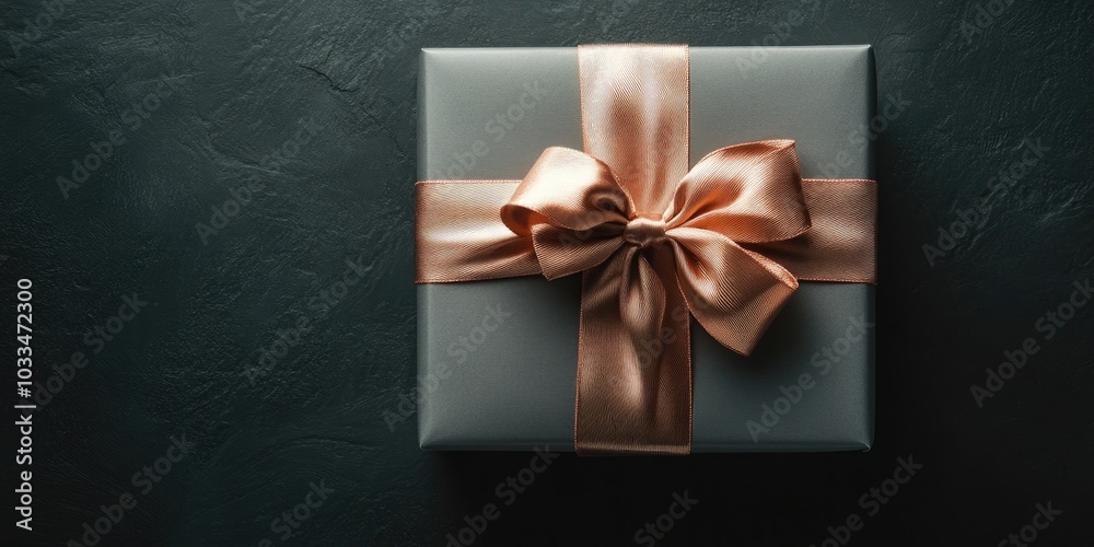 Poster large gift, grey box with an elegant bow on a dark background with copy space.