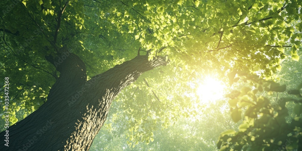 Aufkleber fresh green tree in the forest viewed from below, with sunlight filtering through the branches and l