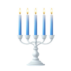 Elegant white candelabra with five blue candles, each lit with warm flame, creating serene and inviting atmosphere. Perfect for festive occasions or home decor