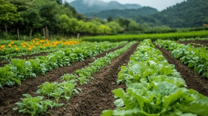 Obraz premium Rows of lush green leafy vegetables in a farm field