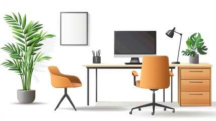 Modern office interior with desk, chair, computer, and decorative plants.