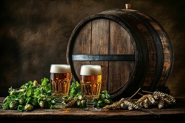 Two beer mugs with foam on rustic wooden table next to hops and barrel. Craft beer brewing scene.