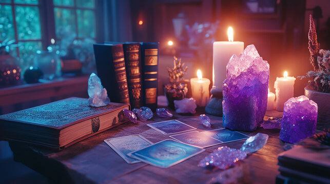 Magical tarot desk adorned with crystals, candles, and ancient books, mystical atmosphere, deep purple lighting, soft shadows, enchanted theme, tarot spread in focus