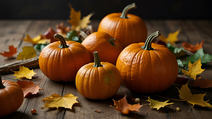 Thanksgiving scene with pumpkins, fruits, and falling leaves in autumn colors.