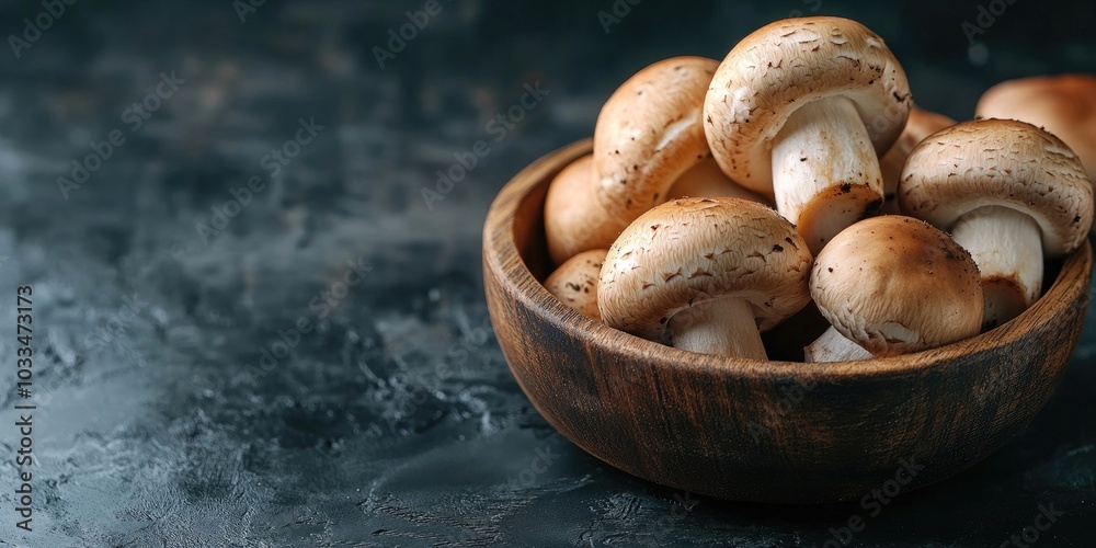 Poster button mushrooms in a wooden bowl with copyspace and a moody background, focused selectively.