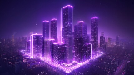 Futuristic Cityscape at Night with Neon Lights and Skyscrapers
