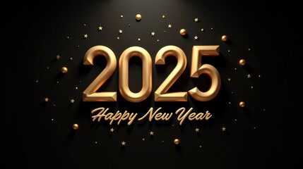 Christmas greeting card with golden numbers '2025' surrounded by New Year's decorations against a dark background.