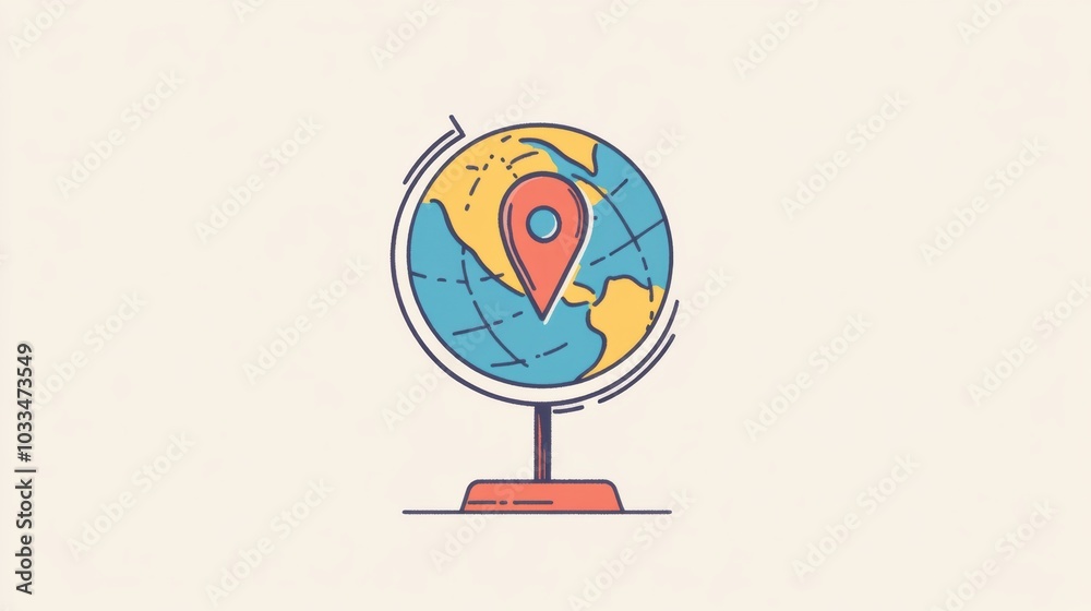 Poster a simplistic globe with vibrant colors and a prominent location pin, representing a unique travel de