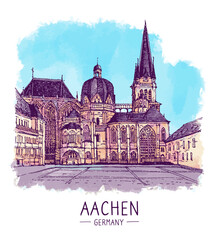 Obraz premium Architecture sketch illustration of Aachener Dom. An urban colorful landscape of Aachen Cathedral, Germany. Freehand digital drawing, watercolor. Hand drawn travel postcard. Banner, poster. Vector