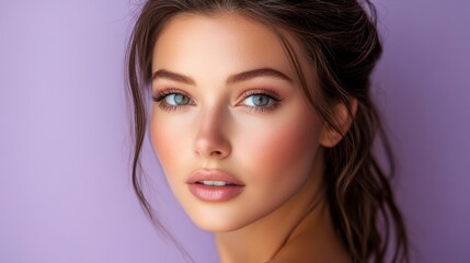 Naklejka premium Beautiful Woman Portrait with Blue Eyes and Makeup on Purple Background