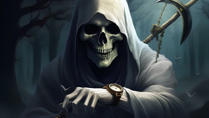 Skeleton with a watch, a symbol of death. Death with a scythe looks at the watch on his hand. Concept: the transience of time