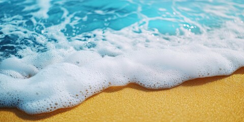 Obraz premium Close-up summer scene featuring blue sea water, white foam, and yellow sand with selective focus. Represents vacation or holiday theme. Nature backdrop with copyspace.