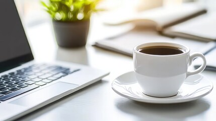 A cup of coffee on a white desk with a laptop and an open notebook.