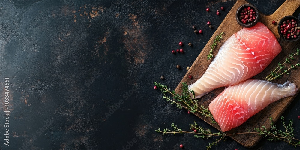 Poster raw tilapia fillet on a cutting board accompanied by thyme and pink pepper. black backdrop. top view