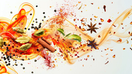 There are some spices for masala tea on the white table. A colorful swirl of spices and herbs in a colorful stylish smoke. The concept of energy and movement © chekart
