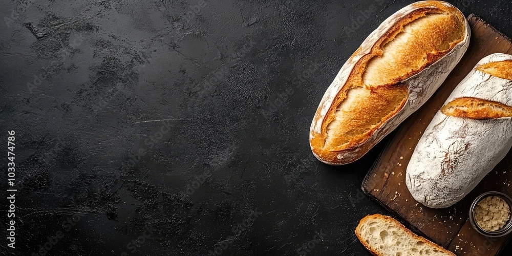 Poster loaf of white bread and baguette on a black background top view copyspace.