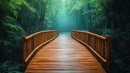 Obraz premium A wooden path leading into a misty bamboo forest.