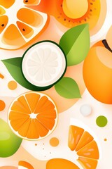 Vibrant composition of fresh oranges and lime slices with green leaves, showcasing juicy fruit designed with a colorful graphic style.