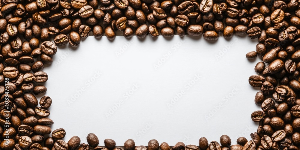 Poster close-up view of coffee beans alongside blank paper on a white background. blank paper for copyspace