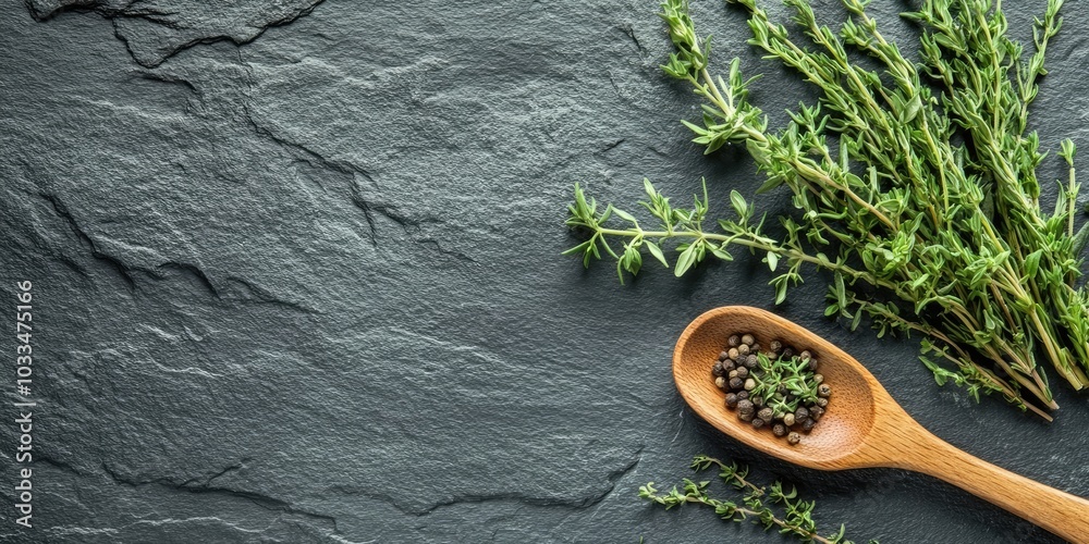 Poster herbs with a wooden spoon on a gray slate background