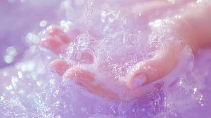 Fototapeta premium Closeup of Hand in Foamy Water with Purple Background