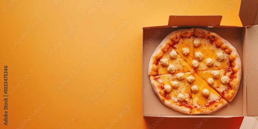 Poster pizza and cheese balls in a paper box, isolated on an orange background. this image comes with a cli