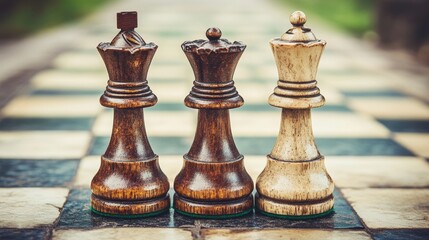 Fototapeta premium Chess Queens on Board Strategy Game Competition Wooden Pieces