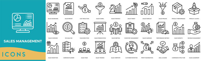 Sales management icon. Sales Dashboard, Report, Cost Reduction, Sales Funnel and Sales Strategy
