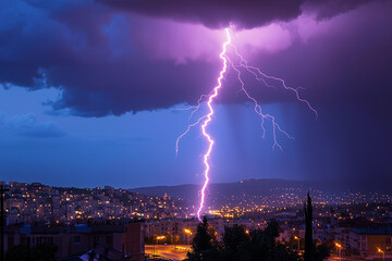 Lightning strikes over a city skyline during a dramatic storm