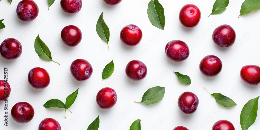 Aufkleber summer harvest of red plums. red plums and leaves pattern on a white background top view with space 