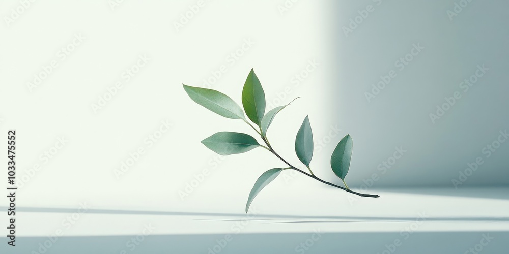 Poster minimalist composition featuring a small, fresh branch with green leaves against a light background 