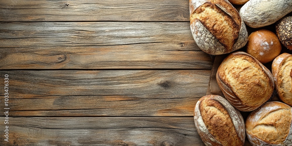 Poster fresh bread on a wooden table. top view with room for your text.