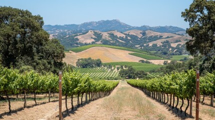 Naklejka premium Vineyard Rows with Mountain View in California Wine Country