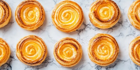 Deliciously crispy baked circular puff pastry layers of homemade cakes on a marble table background. Selective focus, top view, and copy space.