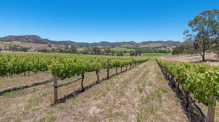 Fototapeta premium Vineyard Rows with Mountain Views in Rural Landscape