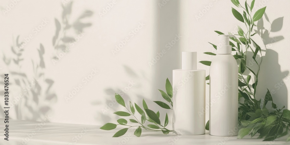 Poster minimal product display stand featuring cosmetic bottles and a green plant branch. cosmetics display