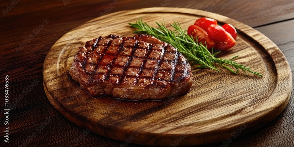 Poster grilled beef steak on a wooden platter with copy space for your text.